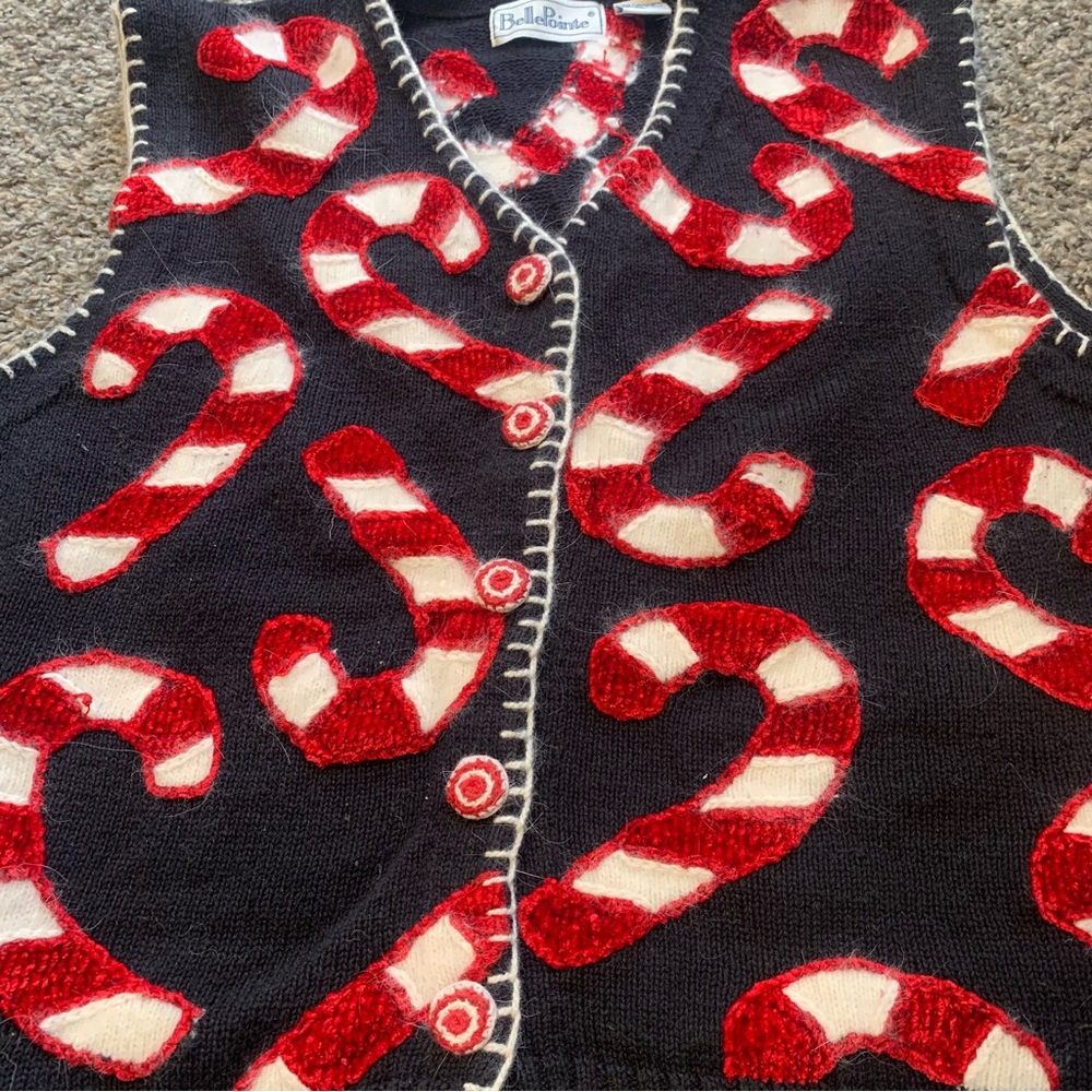 Belle Pointe VTG Ramie Button Front Embellished Candy Cane Christmas Vest - Picture 12 of 15